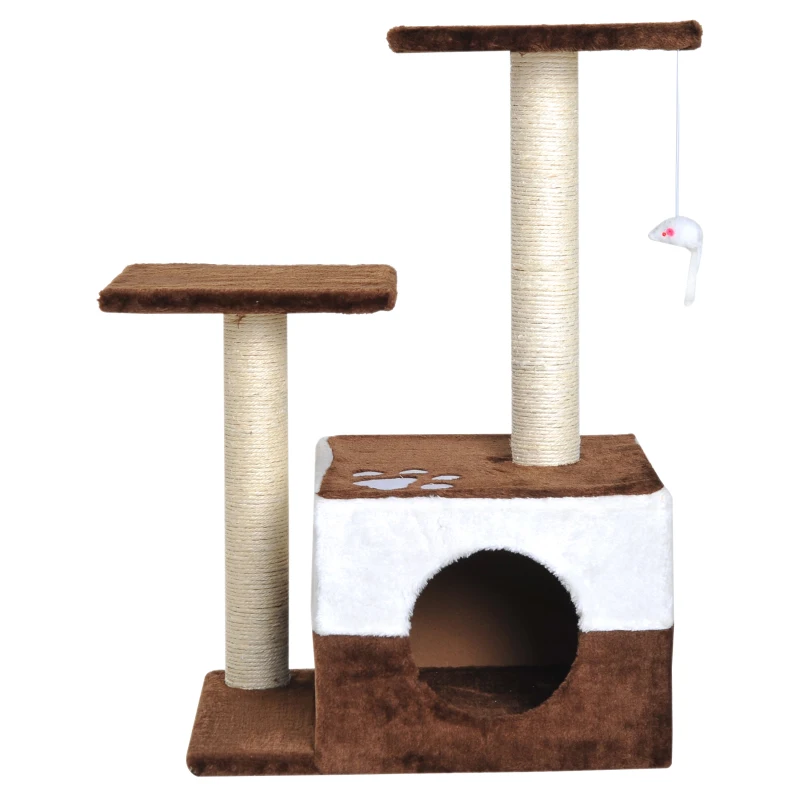 PawHut Albero Tiragraffi per Gatti con Topolino Appeso in Peluche Sisal Naturale Marrone 45x33x70cm