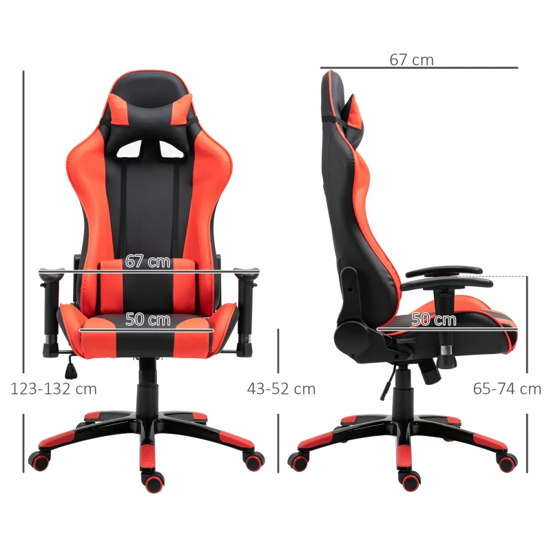HOMCOM Sedia Gaming Professionale Girevole，Sedia da Ufficio Reclinabile con Sostegno Lombare e Collo PVC 67 x 67 x 123-132cm Nero-rosso