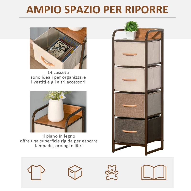 HOMCOM Cassettiera 4 Cassetti Pieghevoli in Tessuto e Struttura in Legno e Metallo, 31x29x99 cm, Multicolore