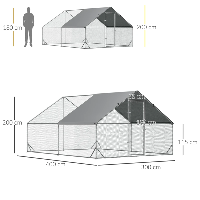 PawHut Galinheiro de Exterior Grande 3x4x2m Gaiola para 8-12 Galinhas de Aço Galvanizado com Teto de PE e Fechadura para Coelhos Prata