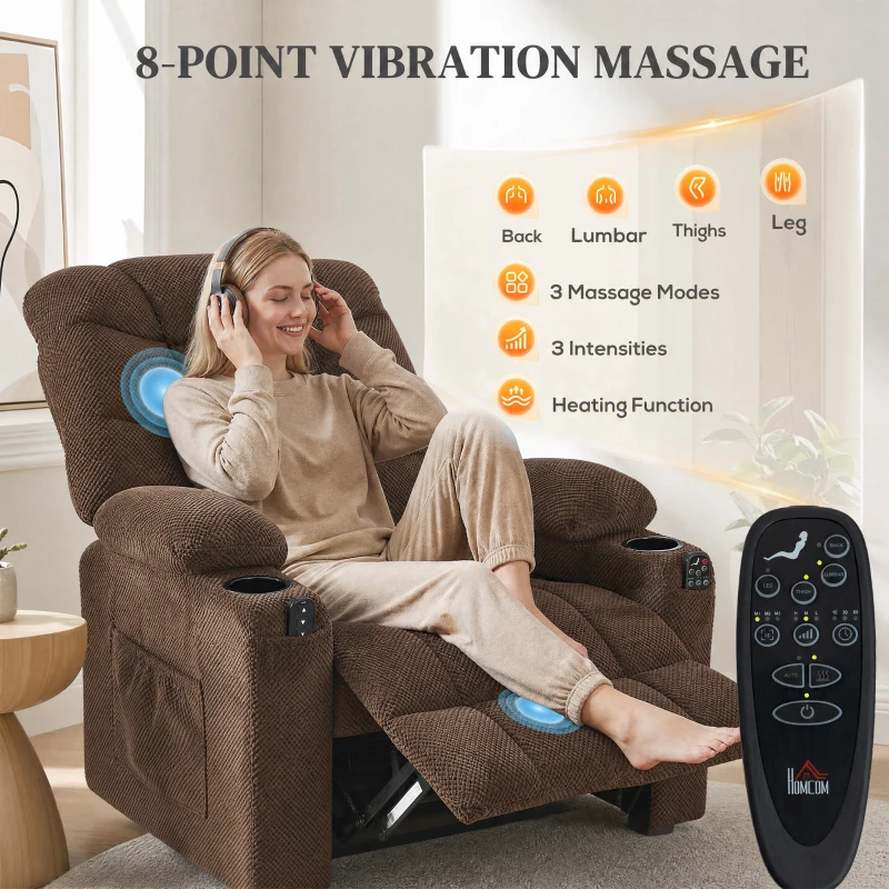 HOMCOM Electric Massage Recliner Armchair with Vibration, Heat, Whisper-Quiet Motor, Memory Function, Fleece Power Reclining Chair with Spring Pack, USB Port, Footrest, Side Pocket, Brown