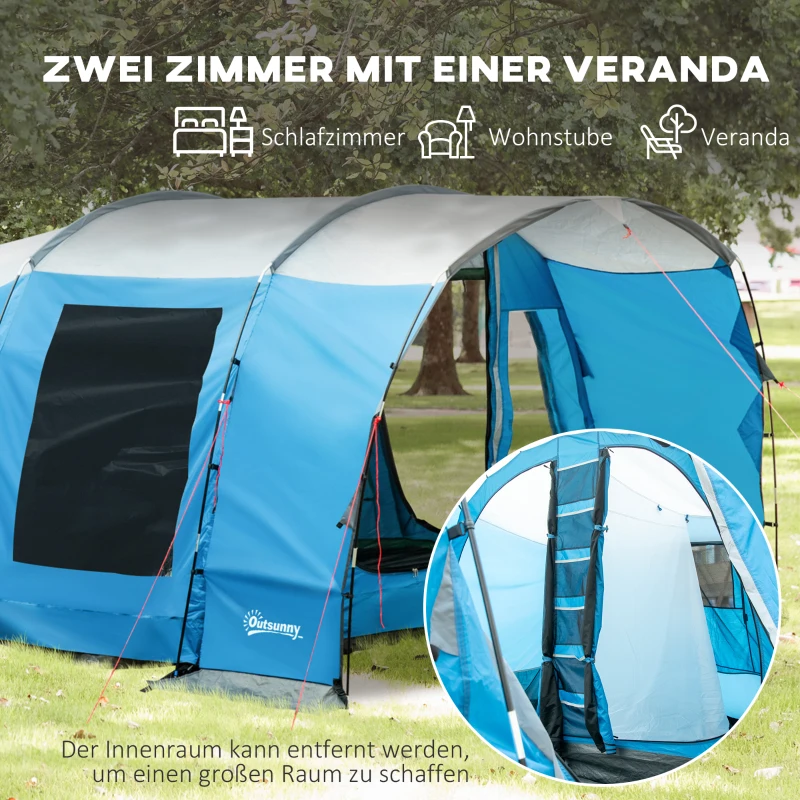 Outsunny Campingtent voor 5 personen, 2 kamers, verwijderbaar tussenschot, weerbestendig, incl. transporttas, blauw+zwart