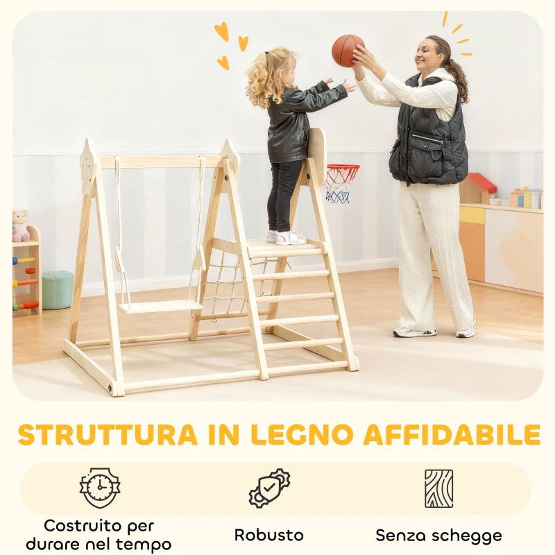 AIYAPLAY Gioco Arrampicata 5 in 1 Pieghevole con Scivolo, 2 Pareti, Altalena e Canestro, in Legno, 140x172.5x116.5 cm