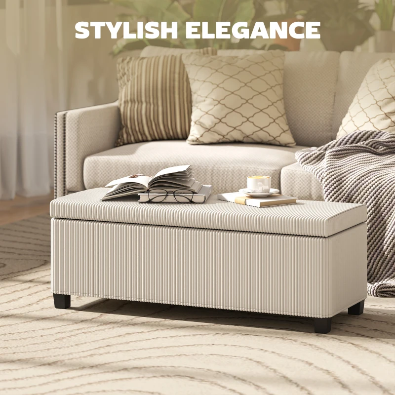 HOMCOM Storage Ottoman Bench, Corduroy Storage Chest Box with Wooden Legs, 112cm Bed End Bench for Living Room, Bedroom, Entryway, Hallway, Beige