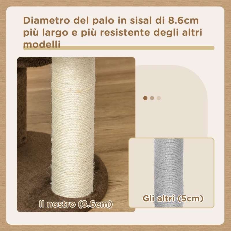PawHut Albero Tiragraffi per Gatti a 3 Livelli con Lettino in Peluche e Pali in Sisal, Ø40x65 cm, Marrone