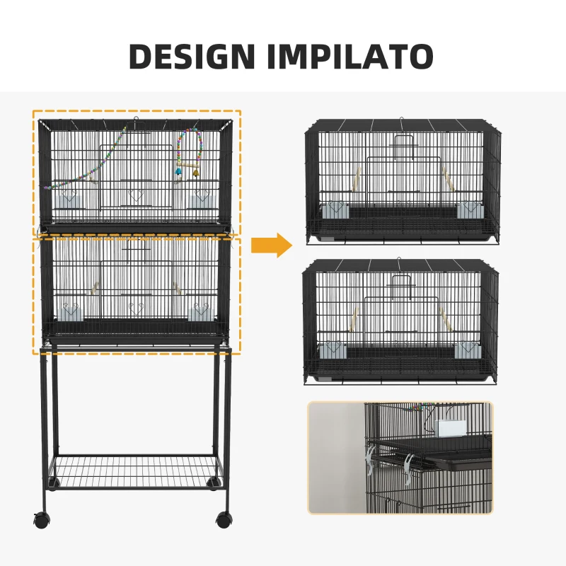 PawHut Gabbia per Uccelli in Acciaio e PP, Design Impilato con Posatoi, Altalene e Scalette, 77x46x164 cm, Nero