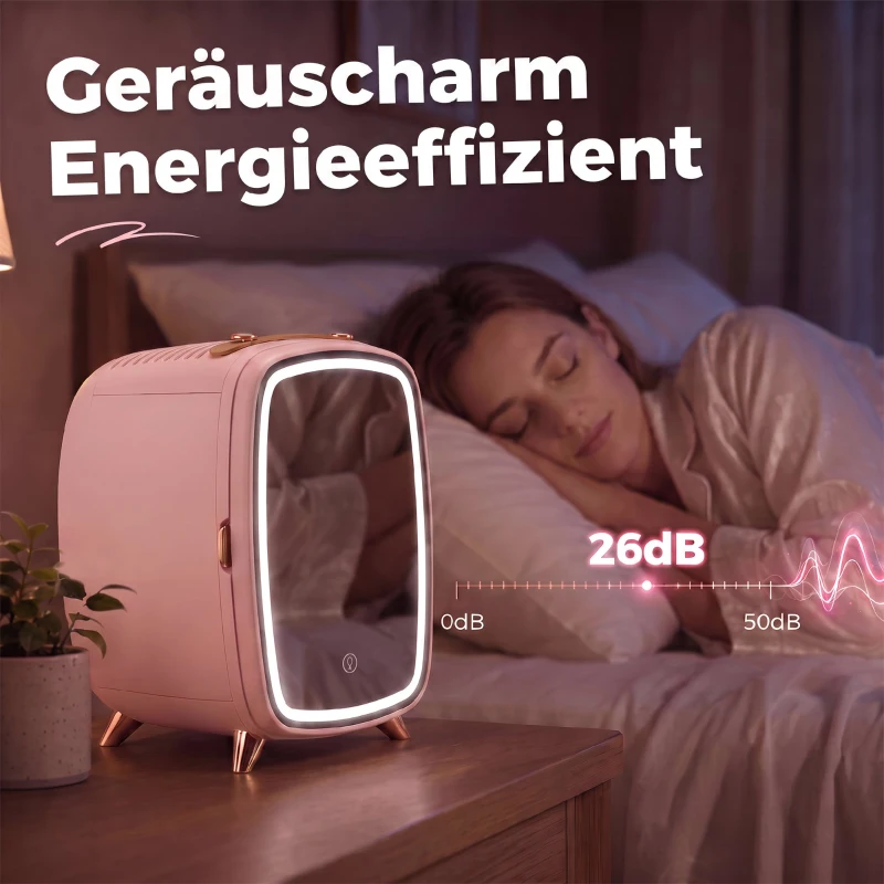 HOMCOM Draagbare minikoelkast voor cosmetica, drankjes en snacks met verlichte spiegel, stille werking, 6L, roze