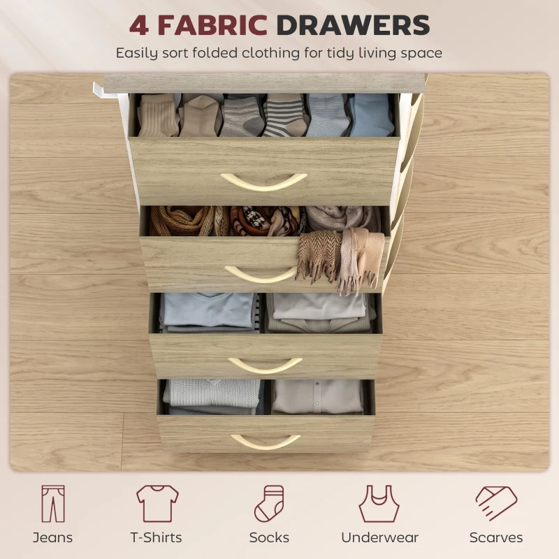 HOMCOM Chest of Drawers, Dresser with 4 Fabric Drawers, Tall Storage Unit with 4 Pockets and 2 Hooks, Steel Frame, Natural Wood