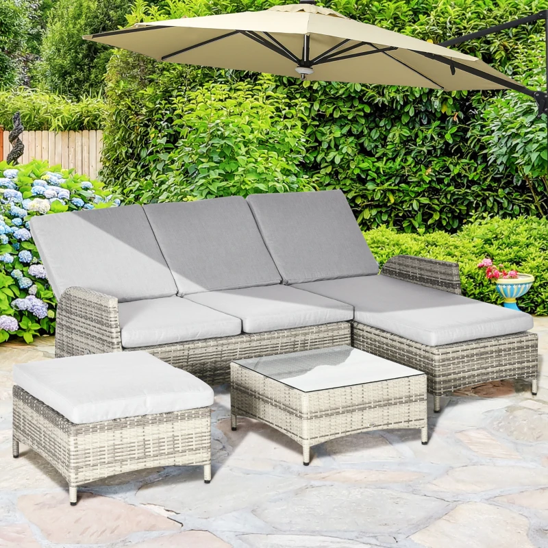 Outsunny Gartenmöbel-Set für 4 Personen aus PE-Rattan, wetterbeständig, abnehmbare Bezüge Grau