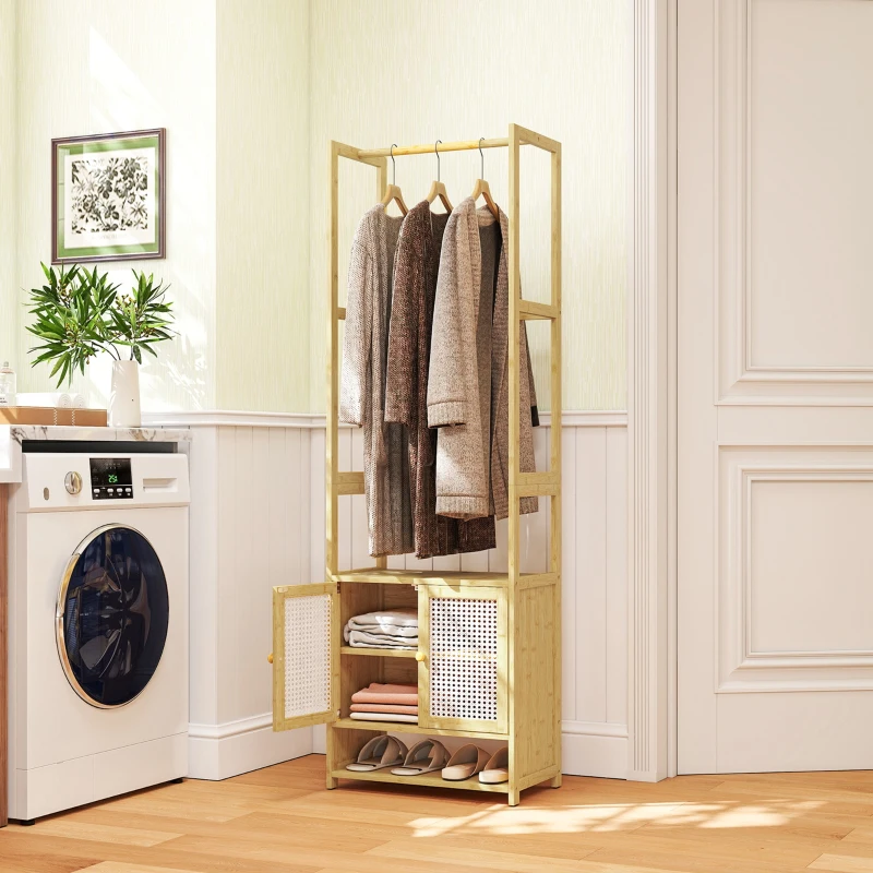 HOMCOM Perchero de Bambú con Armario Zapatero Barra para Colgar Estante Ajustable para Entrada Pasillo 53x31x168 cm Natural
