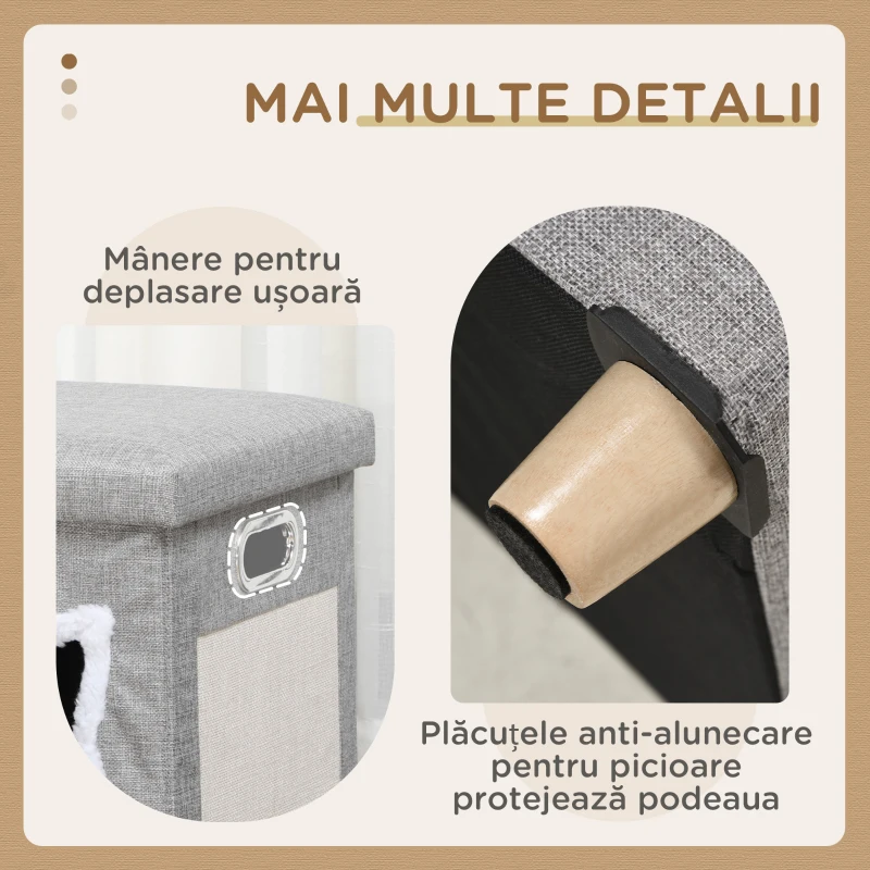 PawHut Căsuță pentru Pisici cu Covoraș pentru Zgâriat, Pernă și Minge, din Lemn și Poliester, 35.5x35.5x42.5 cm, Crem și Gri