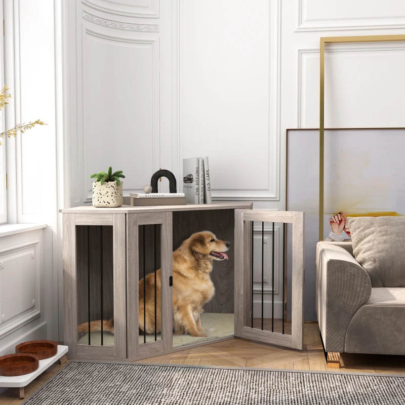 PawHut Dog Crate Furniture Side Table, with Cushion, 122 x 61 x 71cm - Walnut Brown
