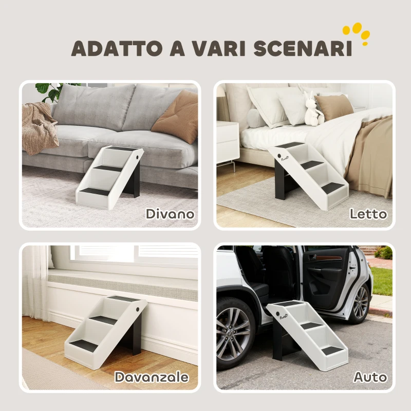 PawHut Scaletta per Cani e Gatti con 3 Scalini Antiscivolo, Design Pieghevole con Capacità 10 kg, Crema