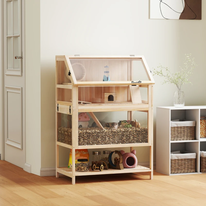 PawHut Wooden Hamster Cage with Detachable Lower Floor, Storage Shelf, Hut, Seesaw, Exercise Wheel, Ramps for Hamster