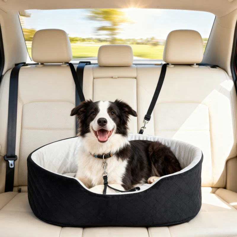PawHut Assento de Carro para Cães Pequenos e Médios até 15 kg com Capa Removível e Lavável Cinto de Segurança e Base Antiderrapante 77x43x28 cm Preto