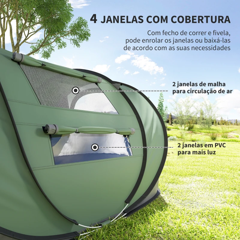 Outsunny Tenda de Campismo Pop-up para 2-3 Pessoas Tenda de Campismo com Janelas Impermeável Anti-UV 263,5x220x123 cm Verde e Cinza