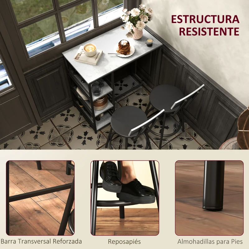 HOMCOM Conjunto de Mesa de Bar con 2 Taburetes Estantes Laterales Asiento Acolchado y Barra para Descanso de Pies Gris Oscuro
