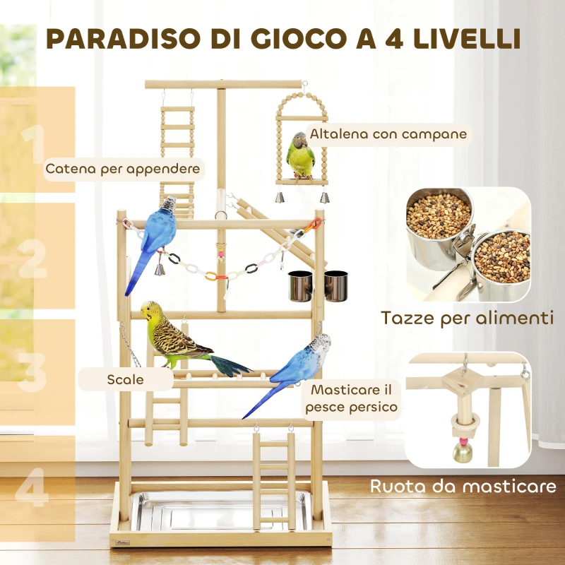 PawHut Trespolo per Pappagalli con Giochi, Scale, Catene, Ciotole, Vassoio Rimovibile e Posatoi, Legno Naturale