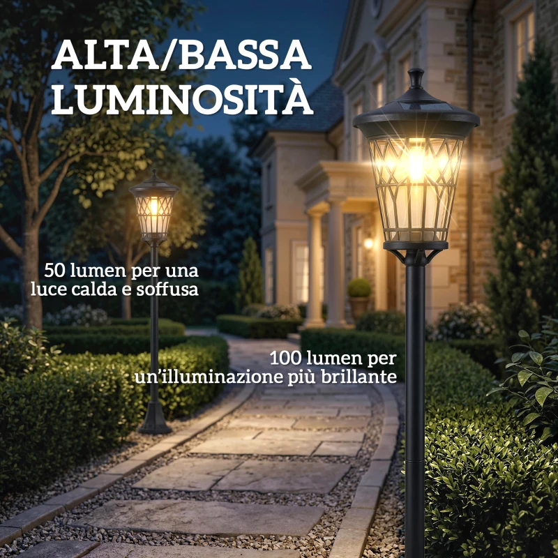 Outsunny Set 2 Lampioni da Esterno a Energia Solare e Altezza Regolabile, in Acciaio Inox e ABS, 23.5x23.5x186 cm, Nero