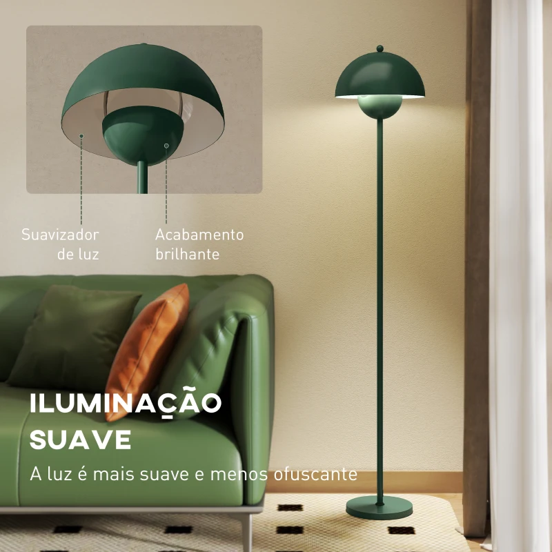 HOMCOM Candeeiro de Pé Moderno com Ecrã em Forma de Taça Refletora de Luz Interruptor de Pé Suporte E27 sem Lâmpada Ø35x155 cm Verde