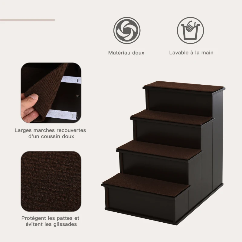 PawHut Escalier pour animaux de compagnie 4 marches revêtement antidérapant amovible - MDF - marron