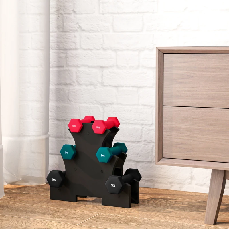 SPORTNOW Ensemble d'haltères hexagonale avec support d'haltères, pour la musculation, 2 x 1kg, 2 x 2kg, 2 x 3kg