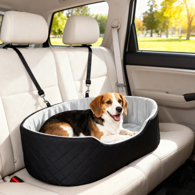 PawHut Assento de Carro para Cães Pequenos e Médios até 15 kg com Capa Removível e Lavável Cinto de Segurança e Base Antiderrapante 77x43x28 cm Preto