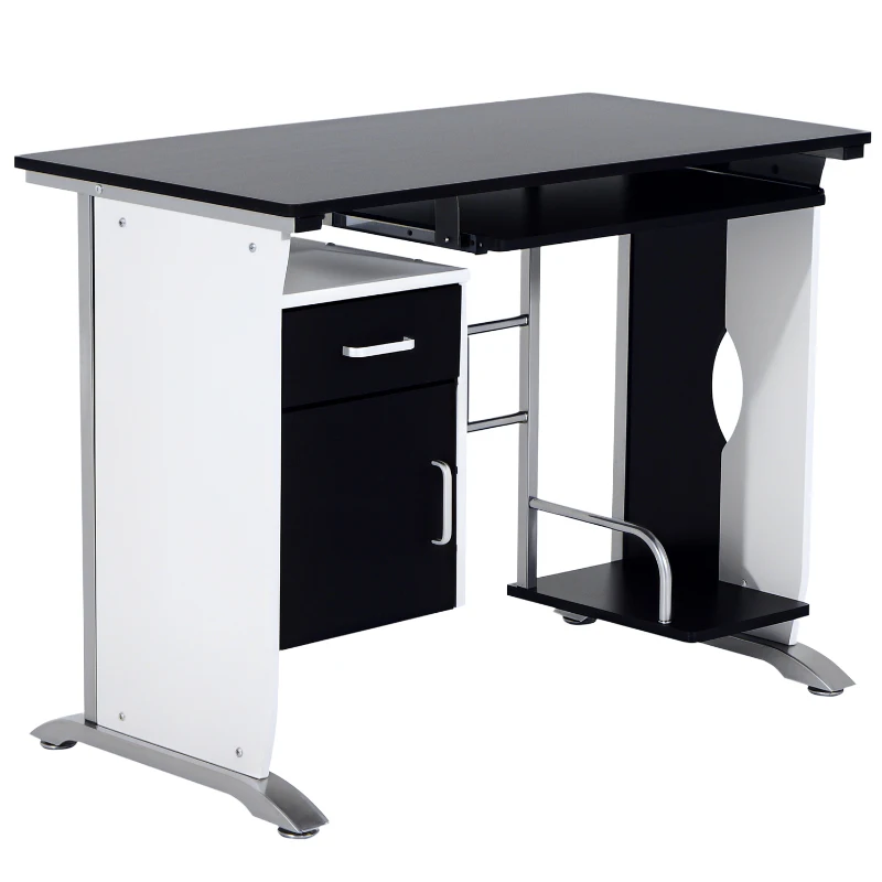 HOMCOM Computerbureau bureau met antislip schuiflades zwart + wit + zilver