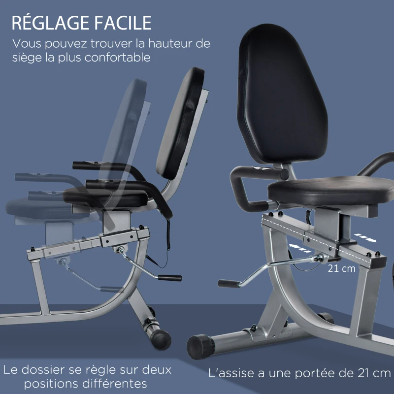 HOMCOM Vélo d'appartement, vélo couché magnétique avec 8 niveaux de résistance réglables, avec écran lcd, poignées de fréquence cardiaque et roues, capacité de charge de 110 kg(m-6)
