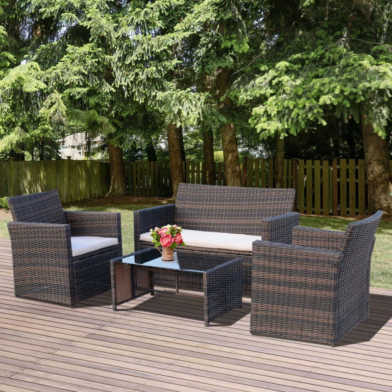 Outsunny 4 Pieces PE Rattan Garden Sofa Set with Cushions, Outdoor Patio Wicker Weave Conservatory Furniture Set with a Loveseat, 2 Armchairs and a Glass Top Coffee Table, Mixed Brown