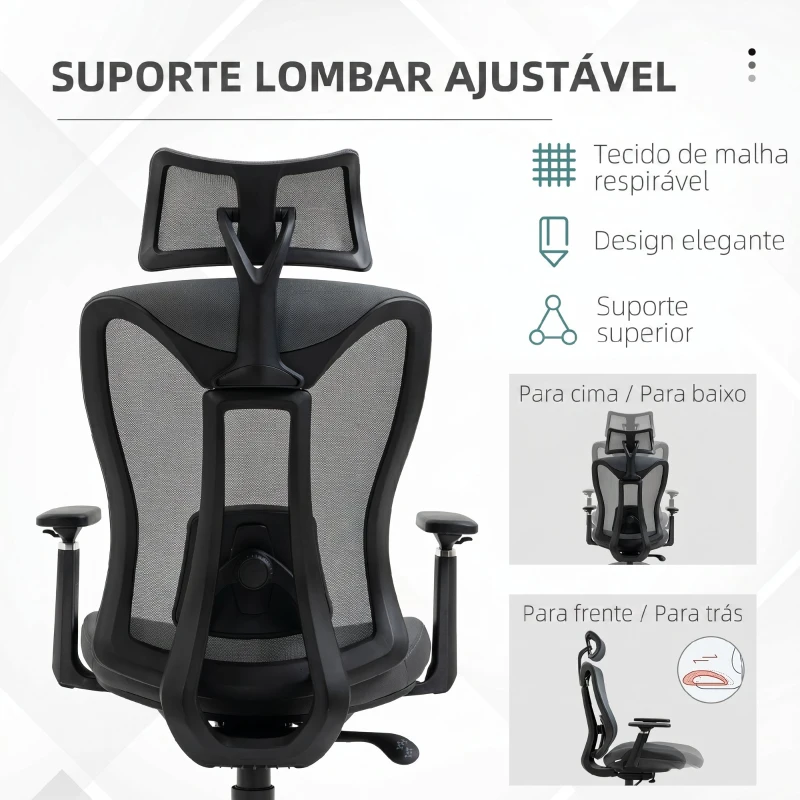 Vinsetto Cadeira de Escritório em Malha com Apoio de Cabeça Ajustável, Apoio Lombar e Apoios de Braços 3D, 70x66x128 cm, Cinzento