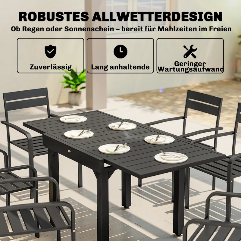 Outsunny Gartentisch Ausziehbarer 80/160 x 80 cm Aluminium Esstisch für 4-6 Personen, Rechteckig mit Lamellenplatte