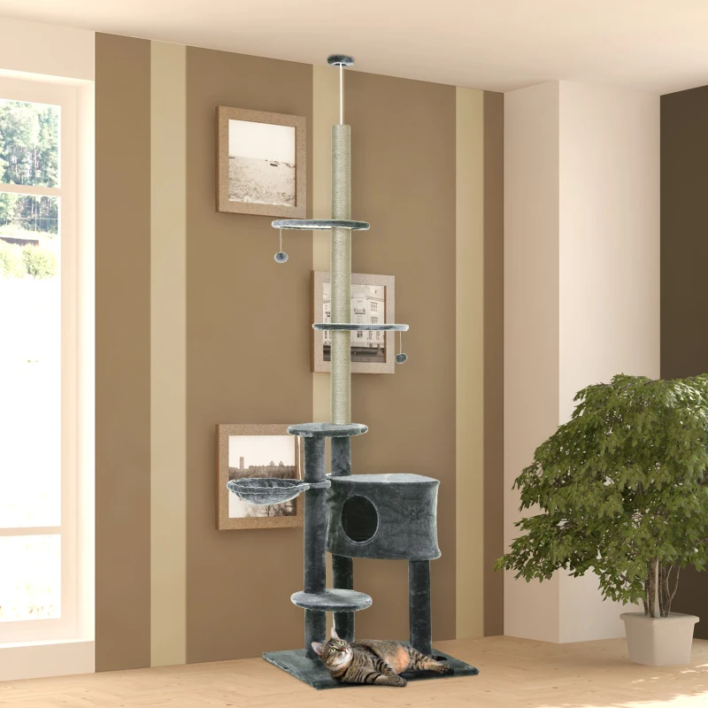 PawHut Arbre à chat poteau à griffer hauteur réglable dim. 55L x 45l x 240-260H cm 7 niveaux d'activités variées gris foncé