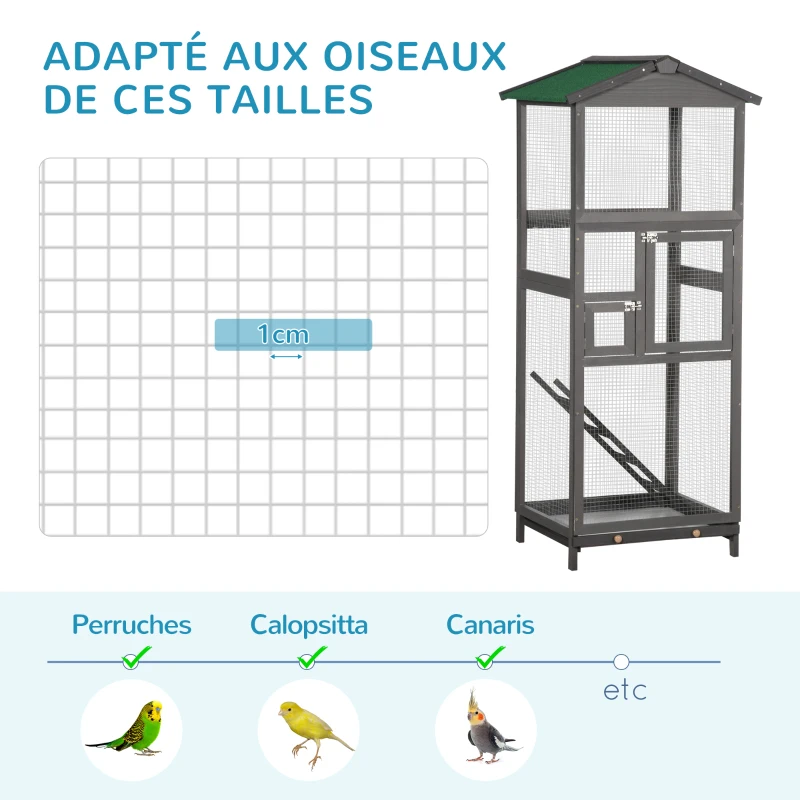 PawHut Cage à oiseaux volière en bois massif grande taille 2 portes toit asphalte tiroir amovible 68 x 63 x 165 cm gris