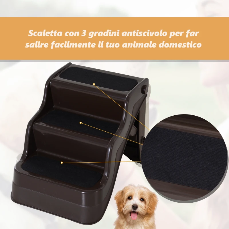 PawHut Scaletta Pieghevole per Cani e Gatti 3 Gradini Plastica PP 49 × 39 × 39cm Marrone