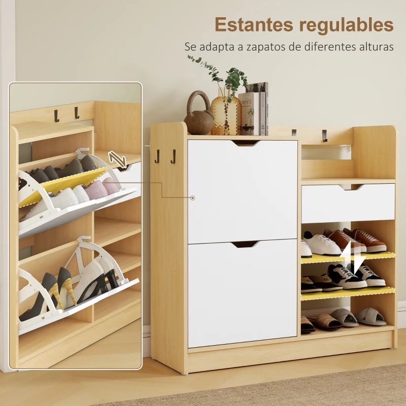 HOMCOM Zapatero Entrada Recibidor con Cajón Estantes Abiertos 4 Ganchos para 14 Pares de Zapatos Natural y Blanco