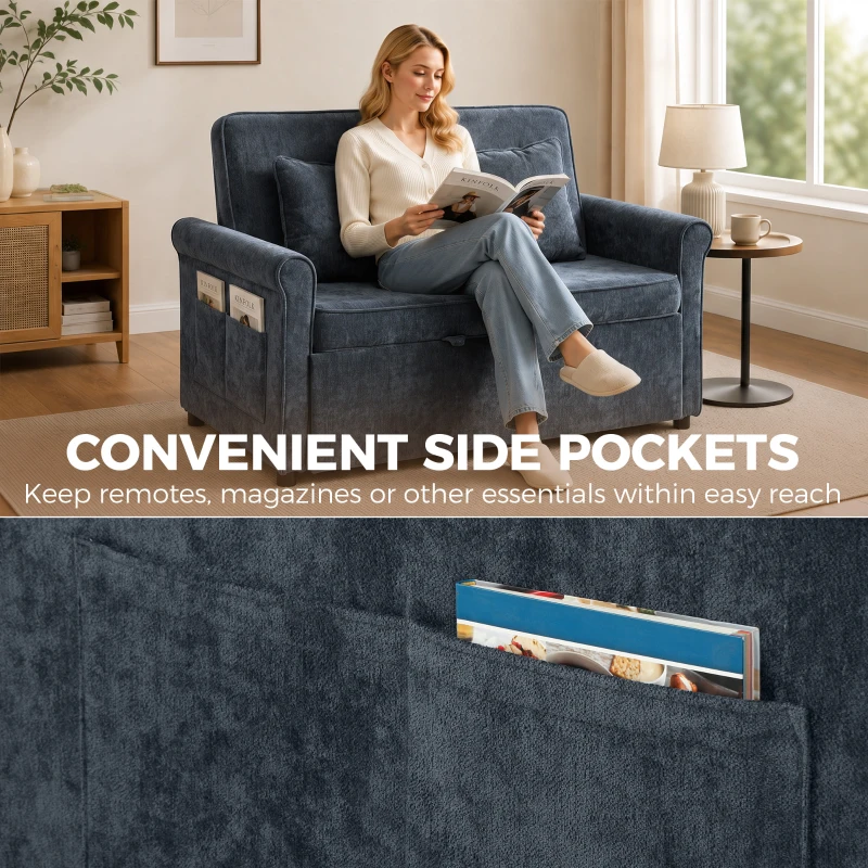 HOMCOM 2 Seater Sofa Bed 3-in-1 Convertible Chenille Pull Out Sleeper Sofa with 5-Position Adjustable Backrest, Dark Blue