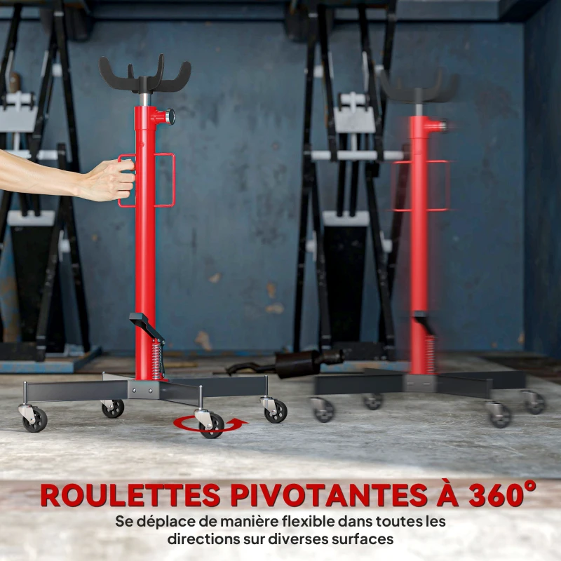 HOMCOM Vérin de fosse hydraulique, cric de levage 500 kg, avec roues pivotantes et pédale, acier, 58 x 58 x 110-191,5 cm rouge