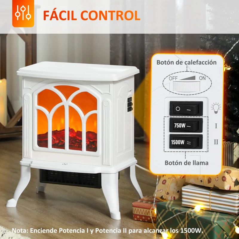 HOMCOM Chimenea Eléctrica de Pie 750/1500 W con 2 Niveles de Potencia Efecto Llama Área de Cobertura 15-20 m² Blanco
