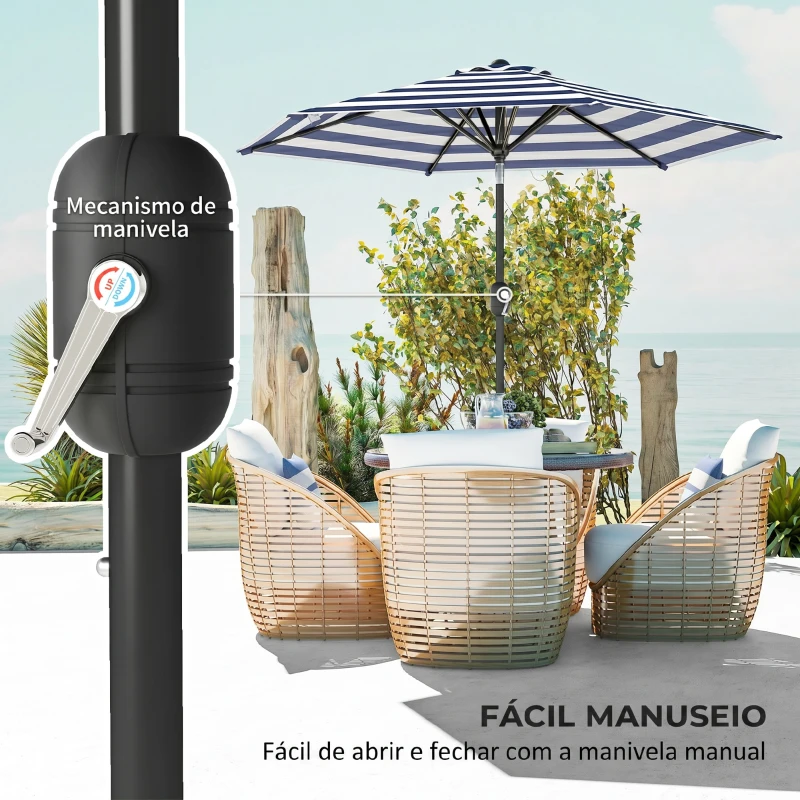 Outsunny Chapéu de Sol Exterior Ø230 cm com Ângulo Ajustável e Manivela Impermeável Azul e Branco