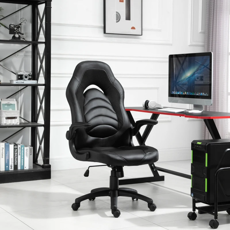 Vinsetto Gamingstuhl mit Wippfunktion höhenverstellbarer Bürostuhl ergonomischer Schreibtischstuhl Home-Office Schaumstoff Kunstleder Nylon Mesh Schwarz 64 x 68,5 x 117-127 cm