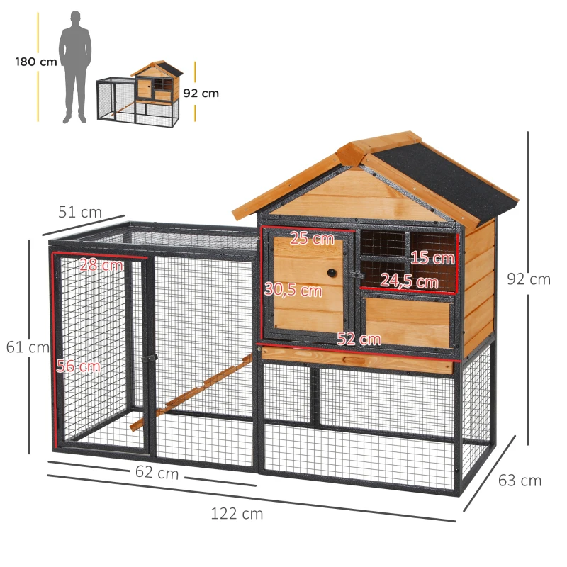 PawHut Kleintierstall mit Freigehege u. Rampe 122 cm x 63 cm x 92 cm Tannenholz Metall Hellgelb+Dunkelgrau