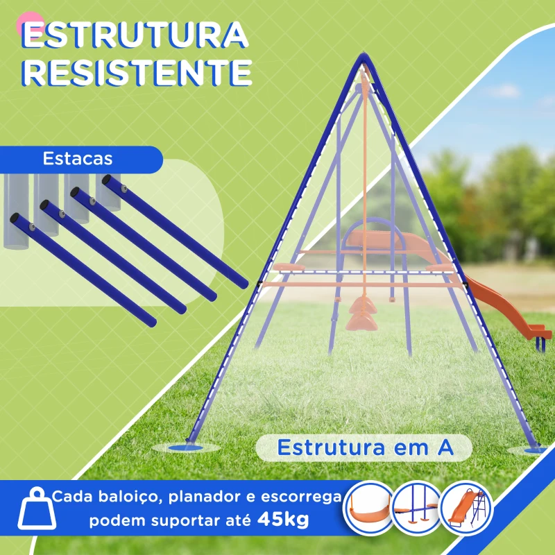 Outsunny Conjunto de Baloiços 4 em 1 com 2 Baloiços Individuais 1 Baloiço Planador e 1 Escorrega 367x192x180 cm Multicor
