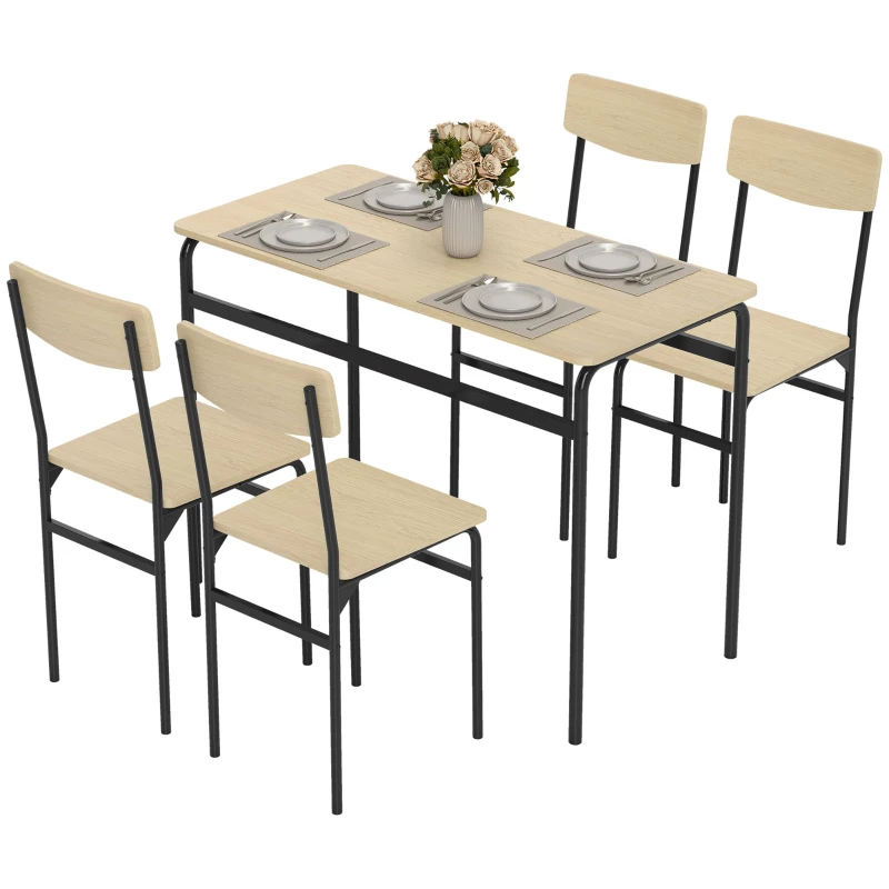 HOMCOM Set de Dining cu 5 Piese, Masă Dreptunghiulară și 4 Scaune, din Lemn și Metal, Negru și Lemn