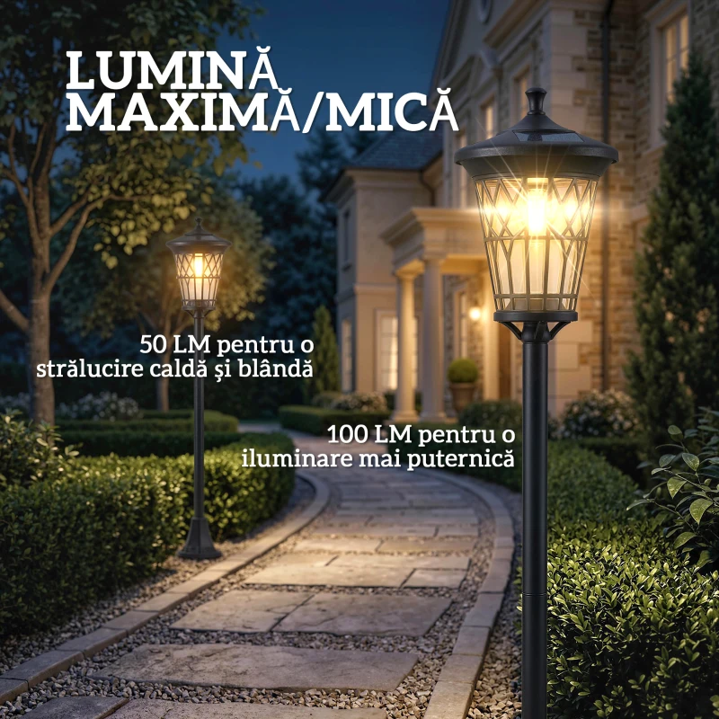 Outsunny Set de 2 Felinare Solare de Grădină 1.86 m, Lămpi de Exterior din Oțel Inoxidabil cu Înălțime Reglabilă, 2 Moduri de Lumină, IP44 Impermeabil pentru Terasă Curte Alei