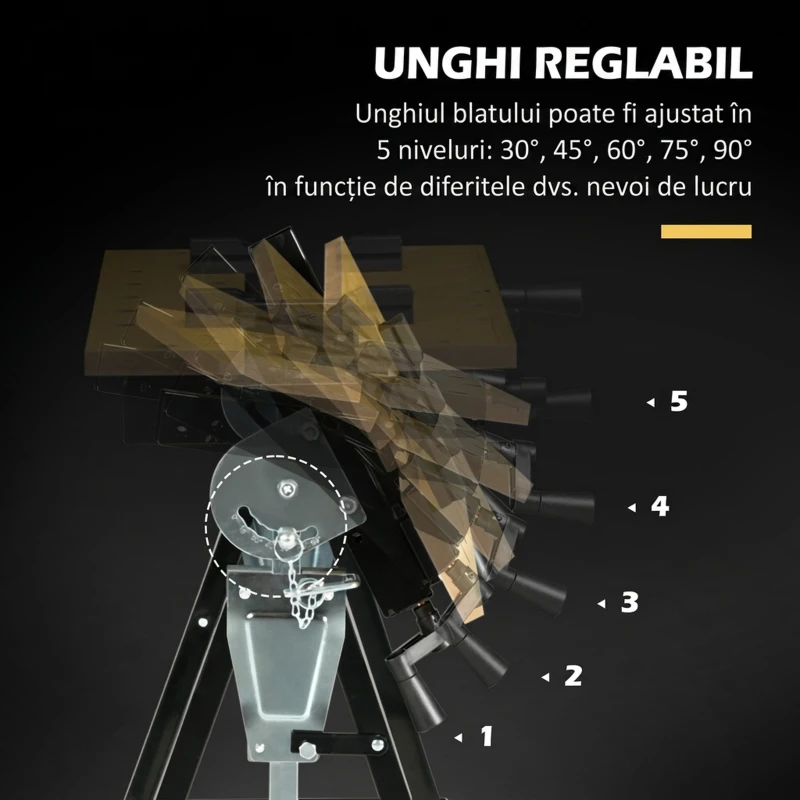 HOMCOM Banc de Lucru Pliabil cu 4 Cleme, Înălțime și Unghi Reglabile, Capacitate 100 Kg, Negru și Aspect Lemn