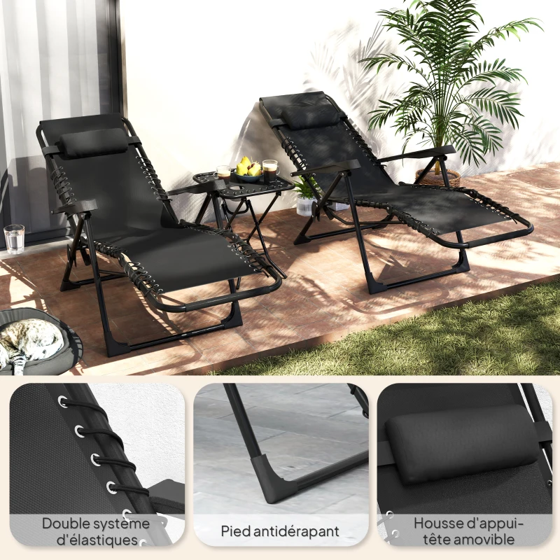 Outsunny Lot de 2 chaise longue pliable et inclinable avec table d'appoint, porte-gobelets et appuie-têtes, charge 120 kg, noir