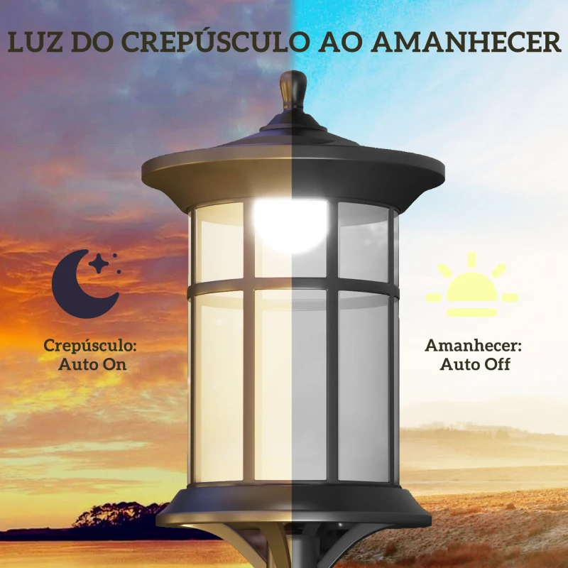 Outsunny 2 Candeeiros Solares de Exterior com Painel Solar Acendimento Automático Impermeável IP44  23,5x23,2x184 cm Preto