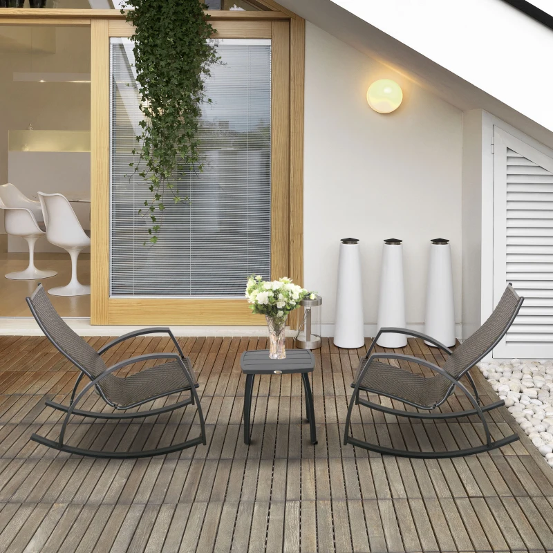 Outsunny Rattan-Schaukelstuhl Bistroset 3 teilige 2 Stühle 1 Tisch Aluminium Komfort UV-Beständig für Gärten Terrassen Pools patio