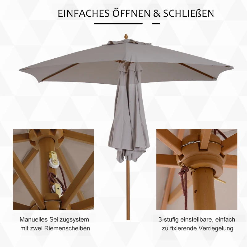 Outsunny Sonnenschirm Ø 250 cm, Sonnenschirm mit Seilzugmechanismus Balkonschirm Strandschirm aus Bambus windfest Marktschirm Sonnenschutz für Balkon Terrasse Garten, Grau